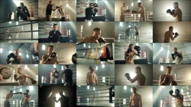 Boksörlerin eğitim gördüğü 25 video kolajı ve güzel, dumanlı bir boks salonunda pencerelerinden güneş ışınları akan bir dövüş hazırlığı. Bir boks kulübü reklamı.