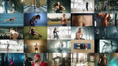 Çoklu ekran kamera fitness. Çeşitli insanların yaşam tarzlarını gösteren bir spor kolajı. Farklı yerler ve farklı bireyler yeteneklerini ve becerilerini sporda sergiliyorlar..