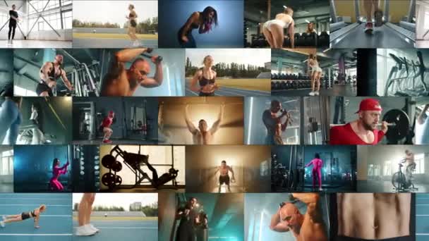 不断变化和移动的运动框架的动画拼贴 运动员参加各种运动和体育活动 广告你的体育品牌的视频 — 图库视频影像