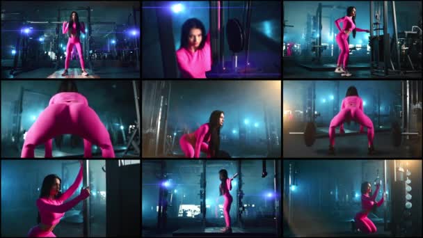 一个穿着粉色运动服的女孩在一个蓝色灯光的黑暗房间里用杠铃和电缆系统训练自己身体的各种视频拼凑在一起 体育与健康 — 图库视频影像