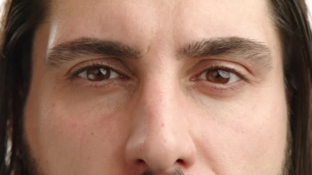 深い茶色の目 詳細な眉毛の質感 および穏やかな表現のヒントを撮影したマクロショットは すべて高精細です カメラ Raw — ストック動画