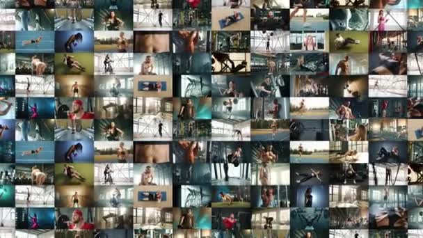 Animacja Kolażu Powiększająca 400 Filmów Sportowych Trenerzy Fitness Sportowcy Wykonują — Wideo stockowe