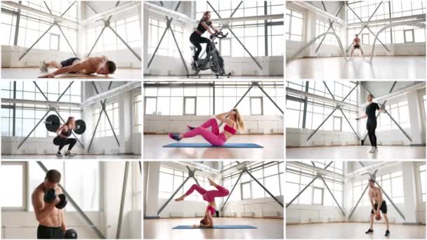 Collage Sportsaktiviteter Forskellige Mennesker Lys Hems Gym Med Store Vinduer – Stock-video