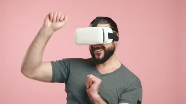 Cheerful Man Beard Wearing Glasses Playfully Pointing Interacting Virtual Environment — Stock Video