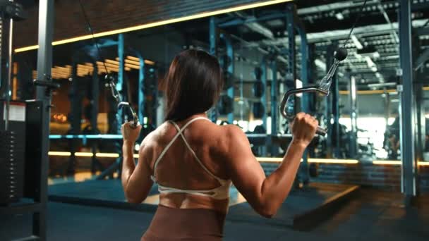 専用のフィットネス愛好家は ジムでケーブルクロスオーバーワークアウトに従事し 彼女の背中の筋肉をターゲットにし 彼女のフィットネスルーチンで強さと規律を示しています カメラ Raw — ストック動画