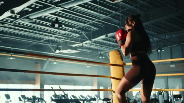 Μια Φιλόδοξη Αθλήτρια Ένα Ρινγκ Πυγμαχίας Μόνη Της Εξασκούμενη Χτυπήματα — Αρχείο Βίντεο