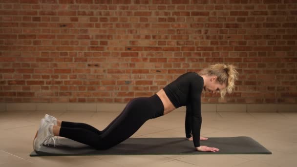 Modern Fitnessstudio Utför Fokuserad Individ Knästående Hög Planka Variant Designad — Stockvideo
