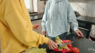 Lezbiyen bir çift, güneşin sıcaklığı ve birlikte sebze hazırlama eylemiyle çevrili güneşli mutfaklarında kendiliğinden dans etmekten zevk alır. Kamera 8K HAM. 