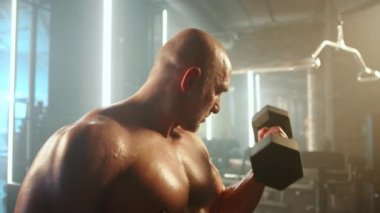 Bir adam aynı anda iki dambılla kıvrımlar yaparak spor salonundaki kol gücünü ve simetriyi hedefliyor. Kamera 8K HAM.