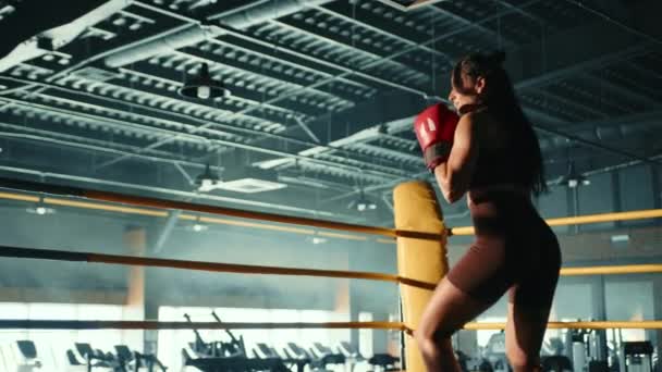 一个野心勃勃的女运动员一个人在拳击场上 坚定地练习弹跳和吊钩 展示了她的自律和个人训练方法 8K照相机 — 图库视频影像