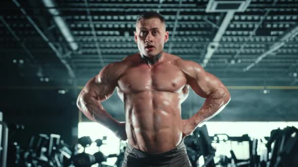 Bodybuilder Musculaire Avec Les Mains Sur Taille Affiche Ses Muscles — Video