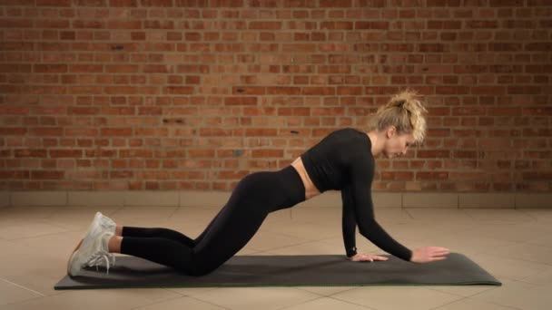 这位专注于运动服运动的女性正在从膝板到俯卧撑的无缝过渡中 以提高上身的力量和在极简运动馆的垫子上的核心稳定性 8K照相机 — 图库视频影像