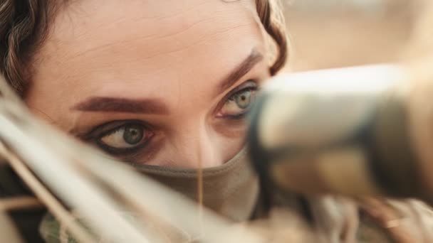 Female Sniper Lies Motionless Position Her Eyes Solely Focused Optical — Stock Video