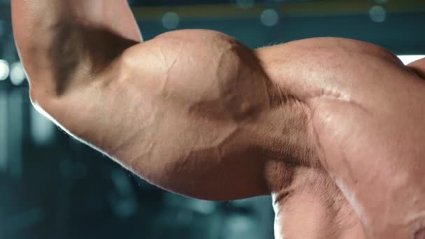 Aparat Przybliża Człowieka Napinanego Bicepsem Który Wykonuje Zwijanie Bicepsa Pokazując — Wideo stockowe
