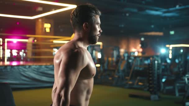 集中した表情を持つ男性はダンベルを持ち上げ ハイエンドジムの周囲の光の中で筋肉の成長を強化する強度トレーニングセッションに参加します カメラ Raw — ストック動画