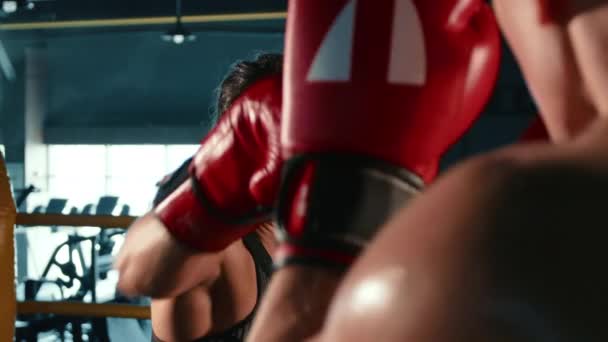 各パンチで 女性のボクシングトレーナーの技術は120Fpsビデオで解剖され 彼女のトレーニングレジメンのメカニズムを洞察的に見ることができます カメラ Raw — ストック動画