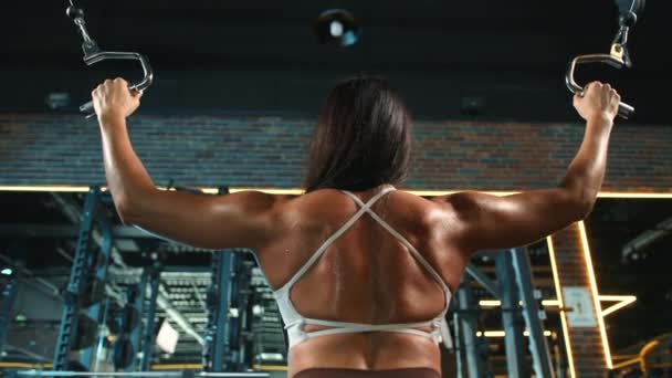Rückansicht Einer Engagierten Sportlerin Die Ihre Rückenmuskulatur Einem Crossover Gerät — Stockvideo