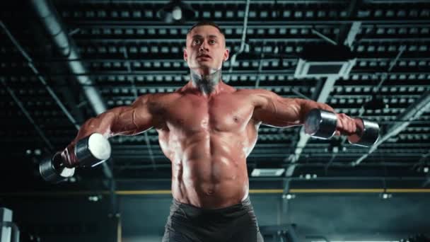 Muskulös Bodybuilder Med Intensivt Fokus Utför Hantelflyes Ett Professionellt Gym — Stockvideo