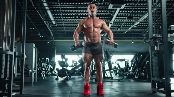 Focused Bodybuilder Gym Setting Enhances His Deltoid Muscles Performing Dumbbell — Stock Video