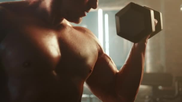 보디빌더는 조명된 체육관 환경에서 근육을 무거운 덤벨을 쌍꺼풀 카메라 Raw — 비디오