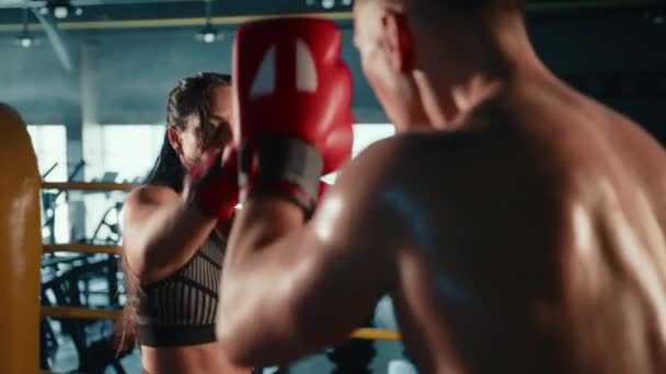 彼女のコーチの細心の眼の下で 専任の女性の訓練生は彼女のボクシングのスキルをシャープにし 彼女のパンチと防御的な動きを専門的な設定で磨きます カメラ Raw — ストック動画