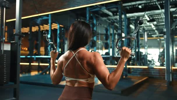 Dedikerad Fitness Entusiast Deltar Kabel Crossover Träning Ett Gym Inriktning Royaltyfri Stockvideo