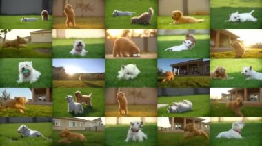 West Highland White Terrier ve Maltipoo yavrularının yeşil çimlerde oynaştığı 25 klipten oluşan bir kolaj. Neşeli ve aktif kişiliklerini göstererek güneşin tadını çıkarıyorlar.. 
