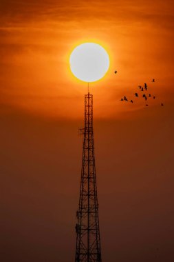 Sihouette of telecommunication pole or satellite radio station tower with big sun background