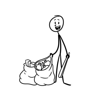 Çöpleri poşetlere dolduran bir adamın resmi mutlu görünüyor.