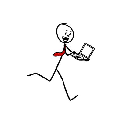 Bir çalışanın hızlı koşarken dizüstü bilgisayarda çalışması