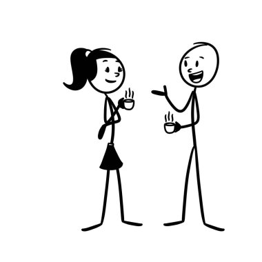 Ellerinde bir fincan kahveyle sohbet ettiklerini gösteren bir resim.