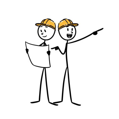 İki işçi tasarım çizimlerine bakarak işi gözden geçiriyorlar.