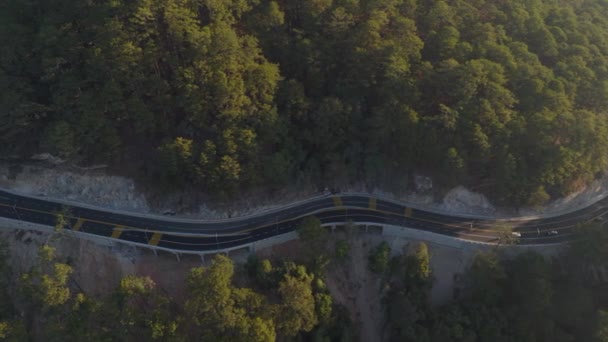 Вид Повітря Безпілотник Прем Гірського Перевалу Дорогою Через Сосновий Ліс — стокове відео