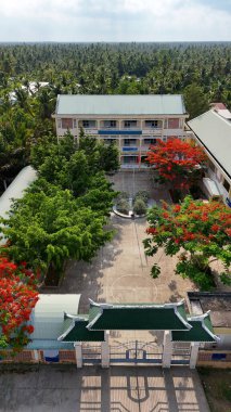 Mekong Delta Köyü 'nün muhteşem manzarası, kırmızı anka çiçekleri açan okul kampüsü Hindistan cevizi ormanlarındaki lise, yazın sembolü ve yaz tatiline başlamak.