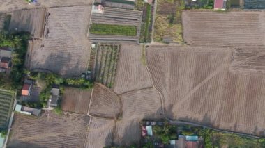 Tarım arazisinin insansız hava aracı, Mekong Delta kırsalında sıcak mevsimde kurutulmuş pirinç çiftliği, sıcak havada kuru toprak, değişen iklim felaketi küresel iklim