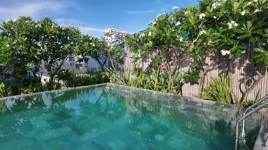 Minh butik, Da Nang City 'de harika bir çatı yüzme havuzu, çatı havuzu manzarası tesisat çiçeği, çakıl taşı, yüzmek için temiz su, lüks otel, yaz tatilinde dinlenmek.