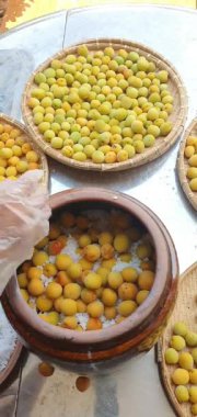 Kayısı veya Japon eriğinden lezzetli içecek yapmak için ham madde. Tuzlu, mevsimlik meyve. Sağlığa, beslenmeye, zengin vitamine iyi gelir.