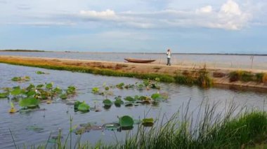 Vietnamlı bir kadın özgürlükle fotoğraf çekmek için Lotus Gölü 'nün kırsal kesimlerinde yürüyor. Serin ve tasasız yolculuklarla eğleniyor.