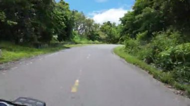 Motosikletle yolculuk, yüksek hızda hareket ettiğinde motorsiklet görüş alanından dönen dağlık arazi düşünce ormanı eğrisinde hareketli bir yolculuk yapar.