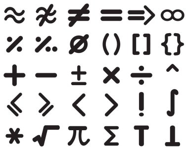 Beyaz arkaplanda farklı matematik simgeleri kümesi
