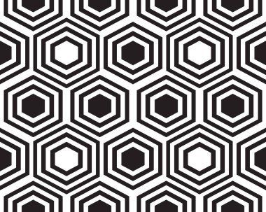 Geometrik siyah altıgenler beyaz arkaplan üzerinde kusursuz desen, yaratıcı tasarım şablonu