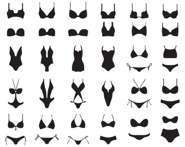 Beyaz arka planda siyah mayo, bikini ve sutyen siluetleri.