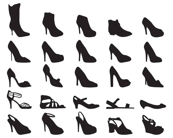 Zwarte Silhouetten Van Vrouwelijke Schoenen Sandalen Laarzen Een Witte Achtergrond — Stockvector