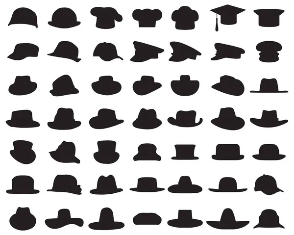 白い背景に様々なキャップや帽子の黒いシルエット — ストックベクタ