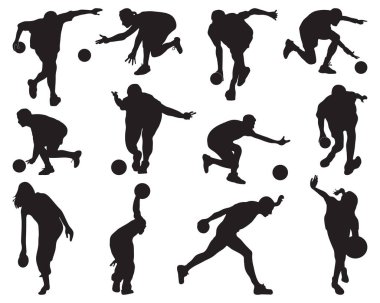 Beyaz arka planda bovling oynayan insanlar siluetleri