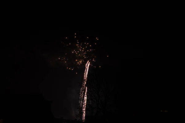 Fuochi Artificio Nel Cielo Notte Durante Vigilia Capodanno Nei Paesi — Foto Stock