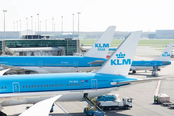 Schiphol Netherlands April 2023 Three Tail Wings Klm Airplanes Airport Stock Image