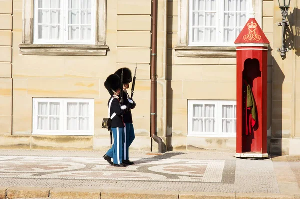 丹麦哥本哈根 2023年4月8日 丹麦哥本哈根Amalienborg宫殿前两名身着传统制服的皇家卫兵 — 图库照片
