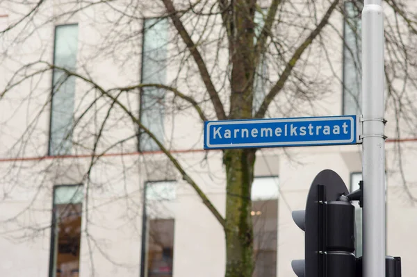 Blue Street Name Sign Pole Karnemelkstraat Center Breda Netherlands — Stock Photo, Image