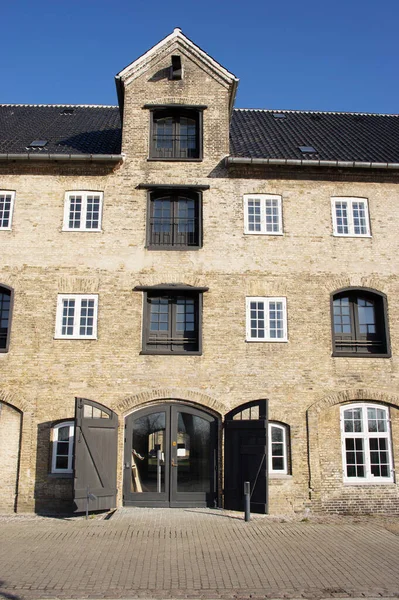 デンマークのコペンハーゲンで青空が澄んだドルマー付きの歴史的なテラスハウスの入口 — ストック写真